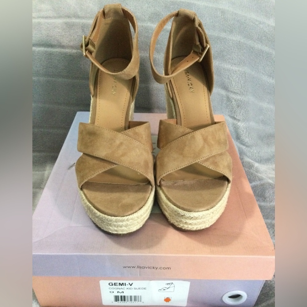 Lisa Vicky Gemi Cognac Kid Suede Platform Espadrille Wedges Size 9M - Picture 3 of 12